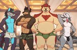 anthro arms_at_sides belly big_belly black_body black_fur black_hair blue_body blue_eyes blue_fur boxer_briefs boxers_(clothing) bulge clothed clothing crossed_arms detailed_bulge ear_piercing ear_ring eyes_closed facial_hair fur genital_outline grey_body grey_fur group hair looking_at_viewer male musclegut muscular muscular_male navel open_mouth penis_outline piercing red_body red_fur ring_piercing scar shirtless smile standing tan_body tan_fur thong topless underwear white_body white_fur ventesthefloof hunter_(shai_dreamcast) shai_dreamcast terry_(shai_dreamcast) victor_(shai_dreamcast) badger bear canid canine canis dobermann domestic_dog fox mammal mustelid musteline pinscher absurd_res digital_media_(artwork) hi_res