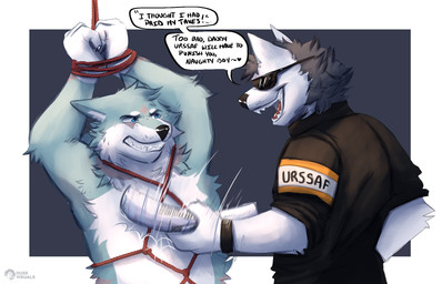 angry anthro bdsm black_clothing black_eyewear black_glasses black_suit blue_body blue_eyes blue_fur blue_wolf bondage bound clothing cocky cocky_smile dominant dominant_male duo eyewear fur glasses male male/male red_ropes restraints rope rope_bondage rope_harness slap suit taxes urssaf dusk_visuals republique_francaise fhritz_abastaris urssaf_agent_(urssaf) canid canine canis mammal wolf hi_res