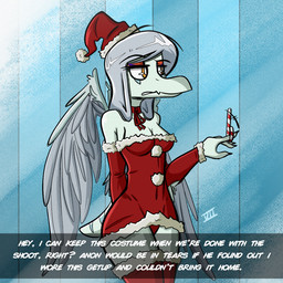 annoyed anthro biped blue_body blue_scales bone_frill breasts candy candy_cane christmas_clothing christmas_headwear christmas_stocking clothed clothed_anthro clothed_female clothing costume dessert dialogue eyebrow_through_hair eyebrows feathered_wings feathers female fingers food frill_(anatomy) front_view frown grey_body grey_feathers grey_hair hair hat headgear headwear holidays humanoid_hands long_hair looking_aside markings medium_breasts motion_lines non-mammal_breasts orange_eyes santa_costume santa_hat scales short_tail solo standing striped_markings stripes tail talking_to_another text translucent translucent_hair wide_hips wings seven_(artist) cavemanon_studios christmas goodbye_volcano_high ko_op_(game_developer) snoot_game fang_(gvh) prehistoric_species pterosaur reptile scalie 1:1 2022 colored english_text hi_res portrait shaded signature three-quarter_portrait