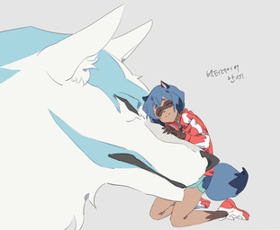 anthro black_nose blue_body blue_fur blue_hair brown_body brown_fur clothed clothing cuddling duo eyes_closed female fluffy fluffy_tail footwear fur grey_background hair jacket kneeling larger_male male shoes simple_background size_difference smaller_female smile tail topwear af_(pixiv) brand_new_animal studio_trigger michiru_kagemori shirou_ogami canid canine canis mammal raccoon_dog tanuki wolf 2020