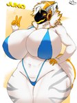 anthro big_breasts bikini bikini_bottom blonde_hair blue_bikini blue_clothing blue_swimwear breasts clothing ear_piercing female fur grey_stripes hair huge_breasts machine piercing solo stripes swimwear tail thick_thighs two-piece_swimsuit white_body white_fur white_hair wide_hips yellow_body yellow_fur rayntheproto juno_(my_furry_protogen) juno_(raealtheprotogen) protogen 3:4 absurd_res hi_res