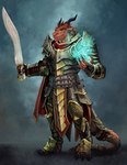 abstract_background anthro armor belt belt_pouch black_horn blue_eyes cape clothing couter cuirass cuisse falcata_(sword) furgonomics holding_melee_weapon holding_object holding_sword holding_weapon horn magic magic_user male melee_weapon paladin pauldron poleyn red_body red_cape red_clothing red_scales sabatons scales schynbalds solo standing sword tail tail_armor tassets vambrace weapon frost_llamzon mythology ven_(yeeven) dragon mythological_creature mythological_scalie scalie 2021 absurd_res digital_media_(artwork) hi_res