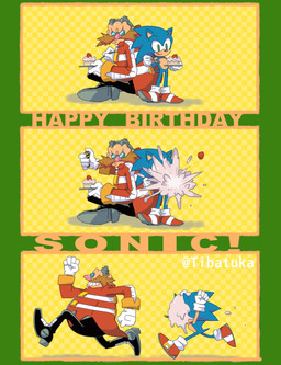 angry anthro birthday blue_body blue_fur cake checkered checkered_background clothing cutlery dessert duo explosion eyewear eyewear_on_head facial_hair fist food food_on_face footwear fork fruit fur gloves goggles goggles_on_head green_eyes grin handwear happy_birthday holding_food holding_object humor kitchen_utensils male mustache pattern_background plant prank running shoes simple_background sitting smile standing strawberry text tools tibatuka sega sonic_the_hedgehog_(series) dr._eggman sonic_the_hedgehog eulipotyphlan hedgehog human mammal 2020 english_text