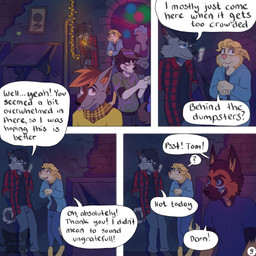 ambiguous_gender anthro barefoot black_clothing black_sclera black_shirt black_topwear blep blue_eyes blue_markings bottomwear brown_eyes cheek_tuft cigarette cigarette_in_mouth clothing confusion dialogue dumpster facial_markings facial_tuft feet flannel_shirt four_frame_image fur grey_body grey_fur hand_on_hand hat head_markings headgear headwear hoodie leaning_on_wall lighting_cigarette logo looking_around looking_at_another male markings nervous nightclub object_in_mouth page_number pants psst question_mark shirt smoking smoking_cigarette standing tail text tongue tongue_out topwear tuft yellow_body yellow_fur kriek_wildebeest background_character jeremy_(kriek_wildebeest) tom_(kriek_wildebeest) border_collie canid canine canis collie domestic_dog herding_dog husky hybrid mammal nordic_sled_dog pastoral_dog sheepdog spitz wolf 1:1 artist_logo comic english_text hi_res multiple_scenes