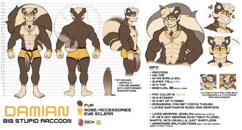 5_fingers abs anthro areola big_penis biped bisexual_pride_colors bodily_fluids brown_body brown_fur clock clothing color_swatch countershade_face countershade_fur countershade_torso countershading ear_piercing eyebrows fingers fur genital_fluids genitals glans hair huge_penis humanoid_genitalia humanoid_penis inner_ear_fluff lgbt_pride male muscular muscular_anthro muscular_male nipple_piercing nipples pecs penis piercing precum pride_colors smile solo tail text tuft underwear vein veiny_penis watch wristwatch hexdisciple damian_(hexdisciple) mammal procyonid raccoon english_text hi_res model_sheet