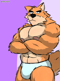 abs anthro barazoku biceps big_bulge bulge chest_tuft clothing fluffy fur male muscular muscular_male pecs serious serious_face solo tuft underwear liondangerous otake canid canine canis domestic_dog mammal 3:4 absurd_res hi_res