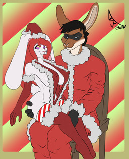 anthro armwear big_breasts black_hair blep breasts brown_body brown_fur butt butt_grab chair christmas_clothing christmas_headwear cleavage clothed clothing costume domino_mask duo elbow_gloves eyemask eyewear female fur fur_trim_(clothing) furniture gloves grope hair hand_on_butt handwear hat headgear headwear holidays hypnosis legwear lingerie long_hair male male/female mask mind_control multicolored_body multicolored_fur nipple_outline on_chair on_lap peril red_hair santa_costume santa_hat sitting sitting_on_chair sitting_on_lap smile spiral spiral_eyes stockings superhero supervillain tongue tongue_out two_tone_body two_tone_fur white_body white_fur darkgodariaz christmas durabelle hypnotic_(gamegod210) hare lagomorph leporid mammal rabbit 2021 hi_res signature story story_in_description