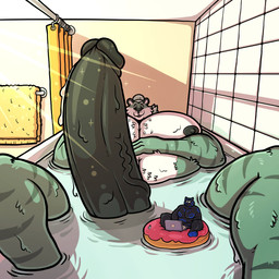 anthro bathing bathroom bathtub big_muscles big_pecs big_penis bodily_fluids collar computer curtains dessert doughnut duo electronics eyes_closed food genital_fluids genitals hair hair_bun huge_pecs huge_penis hyper hyper_genitalia hyper_penis inflatable inner_tube laptop leaking_precum looking_at_another male male/male markings micro muscular muscular_male nipples overweight overweight_male pastry pecs penis precum relaxing smile towel vein veiny_penis water joebluefox joe_(joebluefox) felid feline mammal pantherine tiger 1:1 absurd_res hi_res