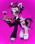 alcohol beverage black_bow_tie black_hair blood blood_drip bodily_fluids bow_tie butler container cup cutie_mark drinking_glass dripping facial_hair female feral fetlocks food glass glass_container glass_cup grinning_at_viewer hair holding_tray hooves long_sleeves looking_at_viewer meat mustache pink_background pink_hair short_hair simple_background smile smiling_at_viewer solo stitch_(sewing) tail waiter waiter_tray wine wine_glass wings p0nyplanet friendship_is_magic hasbro my_little_pony mythology fan_character oopsie_doodle equid equine mammal mythological_creature mythological_equine pegasus digital_drawing_(artwork) digital_media_(artwork) hi_res watermark