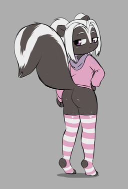 anthro bedroom_eyes black_body bottomless butt clothed clothing female fluffy fluffy_tail footwear grin hoodie looking_back narrowed_eyes pigtails purple_eyes seductive smile socks solo stirrup_legwear tail topwear white_body e254e skunkette mammal mephitid skunk hi_res