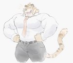 anthro beard clothing dress_pants dress_shirt facial_hair happy looking_at_viewer male mullet muscular muscular_arms muscular_male necktie open_mouth shirt smile solo tight_clothing topwear ripped-saurian lifewonders live_a_hero ryekie_(live_a_hero) felid mammal pantherine tiger