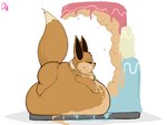 2015 belly bloated brown_body brown_fur bubble_butt butt cake dessert eating eevee feral food food_stains fur generation_1_pokemon immobile male messy_eater morbidly_obese morbidly_obese_feral morbidly_obese_male neck_tuft nintendo obese obese_feral obese_male overweight overweight_feral overweight_male pfh pokemon pokemon_(species) puffed_cheeks raised_tail shadow simple_background slob solo tail tan_body tan_fur thick_thighs tuft