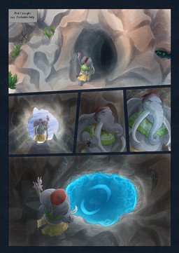 anthro biped bracelet cave clothed clothing day grey_body holding_object jewelry male narration proboscis_(anatomy) solo tail text trunk_(anatomy) tusks water bjekkergauken isilo_(bjekkergauken) elephant elephantid mammal proboscidean 2026 colored comic english_text hi_res