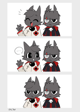 3_panel_comic ambiguous_anthro ambiguous_gender anthro eye_scar eyes_closed facial_scar fur grey_body grey_fur grey_tail head_tuft looking_at_another notched_ear open_mouth open_smile scar simple_background smile tail tuft white_background 2_3up cult_of_the_lamb massive_monster_(studio) aym_(cult_of_the_lamb) baal_(cult_of_the_lamb) domestic_cat felid feline felis mammal 2026 comic digital_drawing_(artwork) digital_media_(artwork) hi_res brother_(lore) brothers_(lore) male_(lore) sibling_(lore)