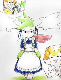 ambiguous_gender anthro blush blush_lines bodily_fluids clothing duo embarrassed eyes_closed fur green_eyes heart_symbol inner_ear_fluff maid_apron maid_headdress maid_uniform multicolored_body open_mouth orange_body orange_fur paws solo stick sweat sweatdrop tail tongue tuft uniform white_body white_fur yellow_body yellow_fur eiroru nintendo pokemon braixen canid canine generation_4_pokemon generation_6_pokemon legendary_pokemon mammal pokemon_(species) shaymin sky_forme_shaymin 2025 graphite_(artwork) hi_res traditional_media_(artwork)