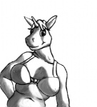 anthro biped bottomless bra breasts cleavage clothed clothing female fingers hair head_tuft hooved_fingers hooves horn looking_at_viewer navel nipple_outline short_hair simple_background slightly_chubby smile solo standing toony tuft turning underwear white_background felixspeagel mythology celestia_(felixspeagel) equid equine mammal mythological_creature mythological_equine unicorn animated greyscale monochrome short_playtime unfinished