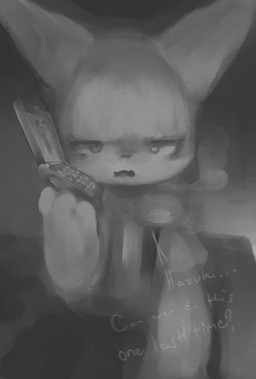 3_fingers anthro black_bottomwear black_clothing black_nose black_skirt bottomwear breath breathing cellphone clothing dialogue electronics eyelashes fingers flip_phone grey_eyes kemono looking_at_viewer looking_forward night open_mouth phone phone_call pointy_ears prick_ears pupils question_mark sitting skirt slime slit_pupils solo suspenders text topwear white_clothing white_topwear young young_anthro hasukii herba_(hasukii) canid canine mammal english_text hi_res monochrome
