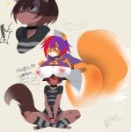 anthro big_breasts black_nose blush boob_hat bottomless breast_envy breasts brown_body brown_eyes brown_fur brown_hair clothed clothing clothing_lift collar dialogue duo exclamation_point female fluffy fluffy_tail fur hair nipples orange_body orange_fur purple_eyes purple_hair red_hair shirt shirt_lift simple_background tail text tongue topwear triforce white_body white_fur kanel nintendo the_legend_of_zelda fyxe kanie_(kanel) canid canine mammal digital_media_(artwork) english_text