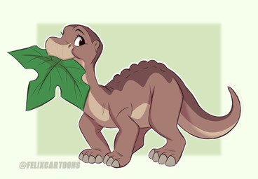 brown_body brown_eyes eyelashes female feral leaf leaf_in_mouth looking_back mouth_hold nude quadruped snout solo tail tan_body young felixcartoons don_bluth the_land_before_time littlefoot apatosaurus dinosaur diplodocid diplodocoid prehistoric_species reptile saurischian sauropod sauropodomorph scalie colored digital_drawing_(artwork) digital_media_(artwork) hi_res shaded