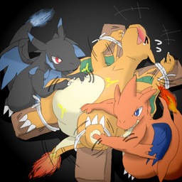 ambiguous_gender bdsm belly black_body blue_eyes bondage bound claws finger_claws fire flaming_tail group orange_body red_eyes tail tickling toe_claws trio lets0020 mythology nintendo pokemon charizard dragon generation_1_pokemon generation_6_pokemon mega_charizard mega_charizard_x mega_charizard_y mega_evolution mythological_creature mythological_scalie pokemon_(species) scalie 1:1 shaded