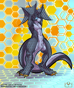 abs abstract_background animal_genitalia anthro arms_above_head arms_behind fully_sheathed genital_slit genitals hexagon_background hexagons looking_at_viewer male raised_arms sheath solo text three-quarter_view errokioslem capcom monster_hunter flying_wyvern nargacuga 5:6 full-length_portrait hi_res portrait url