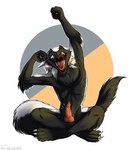 anthro black_body black_fur erection eyes_closed fur genitals hair knot male morning_wood nude open_mouth penis solo tail tongue tongue_out white_body white_fur artararam mammal sergal 2016 hi_res