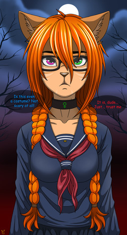 anthro asian_clothing bangs bottomwear braided_hair breasts clothed clothing collar cosplay crossgender east_asian_clothing eyewear female glasses green_eyes hair heterochromia inner_ear_fluff japanese_clothing japanese_school_uniform long_bangs long_hair looking_at_viewer medium_breasts orange_hair purple_eyes school_uniform skirt solo speech_bubble text topwear tuft uniform wearing_glasses iginger emergence ginger_(iginger) domestic_cat felid feline felis mammal 2025 digital_media_(artwork) english_text hi_res meme portrait male_(lore)