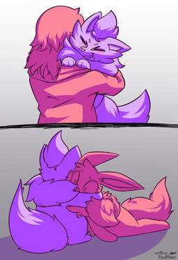 after_transformation ambiguous_gender blush blush_lines duo fangs feral hug simple_background species_transformation teeth transformation nulloffset nintendo pokemon leif_(nulloffset) taro_(nulloffset) eevee generation_1_pokemon generation_5_pokemon human mammal pokemon_(species) zorua absurd_res hi_res