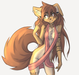 anthro arm_markings arm_tattoo arm_tuft black_nose breasts brown_body brown_eyes brown_fur brown_hair butt cheek_tuft chest_markings chest_tattoo cleavage clothed clothing cowlick curled_tail ear_piercing eyebrow_through_hair eyebrows eyelashes facial_markings facial_piercing facial_tattoo facial_tuft female female_anthro floppy_ears fur furgonomic_piercing furgonomics gauged_ear gesture grey_background hair hair_over_eye hand_gesture head_markings inner_ear_fluff leaning leaning_sideways leg_markings leg_tattoo long_hair looking_aside markings messy_hair mottled mottled_nose muzzle_piercing neck_markings neck_tattoo nipple_outline no_underwear nose_piercing one_eye_obstructed piercing pink_nose pointing raised_arm raised_eyebrow simple_background slim smile solo standing tail tattoo translucent translucent_hair tuft wrist_tuft tinygaypirate apogee_(tinygaypirate) canid canine canis domestic_dog mammal spitz hi_res portrait three-quarter_portrait