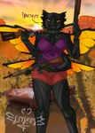 2023 4_arms absurd_res antennae_(anatomy) anthro ar-15 arthropod assault_rifle bethesda_softworks black_body bottomwear breasts bullet canada car cazador_(fallout) clothed clothing colored conditional_dnp desert dialogue digital_drawing_(artwork) digital_media_(artwork) fallout fallout_nv female fingers grass green_body green_hands grey_body grey_mandibles gun hi_res holding_gun holding_object holding_ranged_weapon holding_weapon hotpants humanoid hymenopteran insect insect_wings lever_action lever_action_rifle livalittle livia_(livalittle) looking_at_viewer m16 male mandibles maple_leaf mesa_(landscape) motor_vehicle multi_arm multi_limb non-mammal_breasts open_mouth orange_eyes orange_sclera orange_wings outside plant portrait ranged_weapon red_mouth red_sclera rifle shaded shirt shorts shotgun signature sky smile solo spider_wasp standing stinger sunset talking_to_viewer tank_top tarantula_hawk_wasp text thick_thighs topwear tree vehicle wasp watermark weapon wings yellow_eyes yellow_wings yiddish_text