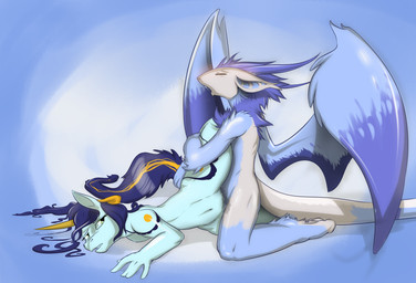 anthro duo eyes_closed female female_penetrated green_eyes horn interspecies kneeling leg_glider_position leg_grab looking_back male male/female male_penetrating male_penetrating_female navel nude open_mouth penetration raised_leg sex simple_background spread_legs spreading tail vaginal ratcha mythology dragon equid equine horse mammal mythological_creature mythological_equine mythological_scalie scalie unicorn 2016 digital_media_(artwork) hi_res shaded