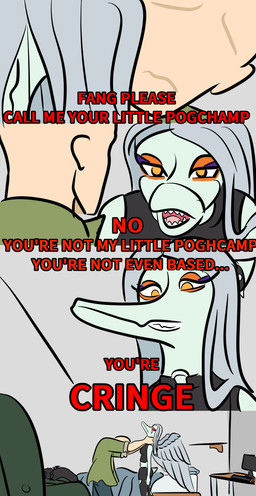 anthro asphyxiation bald bed blue_body choker choking clothed clothing computer dialogue duo electronics featureless_face female furniture grey_hair hair jewelry long_hair makeup male necklace sofa text stillzero cavemanon_studios goodbye_volcano_high ko_op_(game_developer) neon_genesis_evangelion snoot_game anon_(snoot_game) fang_(gvh) human mammal prehistoric_species pterosaur reptile scalie comic english_text meme