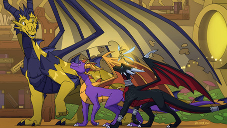 3_toes accessory all_fours black_body book bookshelf bracelet feet female feral flying furgonomics furniture group holidays horn jewelry looking_at_another male necklace purple_body size_difference tail tail_accessory tail_bracelet tail_jewelry toes walking window wings yellow_body zilonking activision mythology new_year spyro_the_dragon cynder sparx spyro volteer arthropod dragon dragonfly insect mythological_creature mythological_scalie scalie 2026