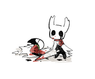 2_horns ambiguous_gender black_body black_eyes blood blood_on_face blood_on_object blood_on_weapon bodily_fluids cloak clothing duo empty_eyes gore guts holding_melee_weapon holding_object holding_weapon horn melee_weapon nail_(weapon) organs simple_background weapon white_background aaasakawa hollow_knight_(franchise) team_cherry grimmchild_(hollow_knight) the_knight_(hollow_knight) arthropod vessel_(species) 2026 hi_res