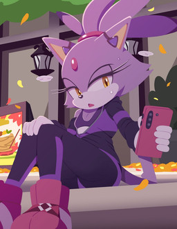 anthro boots cellphone clothing electronics eyelashes female footwear forehead_gem fur gem gloves hand_on_knee hand_on_leg handwear open_mouth phone purple_body purple_fur shoes sitting smartphone solo white_body white_fur yellow_eyes senshion sega sonic_the_hedgehog_(series) blaze_the_cat domestic_cat felid feline felis mammal 2025 digital_media_(artwork) hi_res