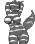 anthro areola big_breasts black_nose breasts female genitals hair hands_behind_head kemono light looking_aside navel nipples pose pussy short_hair simple_background smile solo standing white_background ydart canid canine fox mammal 2022 absurd_res greyscale guide_lines hi_res lighting monochrome sketch