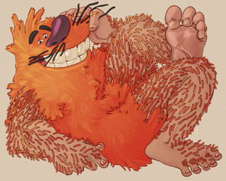 arm_hair big_feet big_nose big_teeth black_eyebrows body_hair caveman eyebrows facial_hair feet foot_fetish fur furry_body ginger_fur hair hairy hairy_legs humanoid_feet male mascot mustache not_furry orange_body orange_fur orange_hair plantigrade reclining relaxing simple_background small_eyes smile soles solo whiskers ravuer world_pog_federation pogman humanoid 5:4 absurd_res hi_res