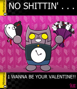 box_of_chocolates candy chocolate clock dessert flower food gameplay_mechanics grey_body grey_skin holding_flower holding_object holidays machine plant profanity smile text toony yellow_eyes halleyjevelandart danganronpa spike_chunsoft valentine's_day minimaru_(danganronpa) monokuma bear mammal robot english_text hi_res