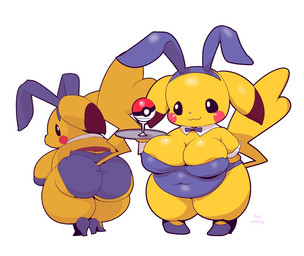 anthro anthrofied big_breasts big_butt bow_(feature) bow_in_front bow_tie breasts bunny_costume butt cleavage clothed clothing costume female footwear overweight overweight_female playboy_bunny pokeball pokemorph serving serving_pokeball shoes solo standard_pokeball waiter woory nintendo pokemon generation_1_pokemon pikachu pokemon_(species)