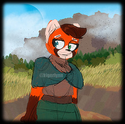 anthro blue_eyes clothed clothing female forest forest_background fur gas_giant green_eyes hair heterochromia looking_offscreen nature nature_background orange_body orange_fur outside planet plant solo tree white_ears kigerlynn ailurid mammal red_panda digital_media_(artwork) hi_res
