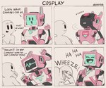 4_panel_comic 5_fingers ambiguous_gender cable cosplay dialogue female fingers humor impersonation laugh machine night solo star tail text wheeze auveiss aveline_(auveiss) human mammal robot 2025 comic digital_media_(artwork)