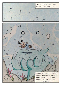 anthro asphyxiation big_hands black_nose blue_clothing blue_topwear border brown_body brown_fur brown_hair bubble clothed clothing comic_panel drowning fur glistening glistening_eyes hair macro male markings mysterious sinking speech_bubble tail text topwear underwater underwater_scenery water white_border wounded dashthefox kai_(dash_fox) aquatic mammal mustelid otter absurd_res comic english_text hi_res traditional_media_(artwork)