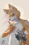 anthro black_nose fur gun holding_object holding_weapon inner_ear_fluff male multicolored_body multicolored_fur nipples one_eye_closed ranged_weapon solo tuft two_tone_body two_tone_fur weapon white_body white_fur fall_born_dog canid canine canis domestic_dog mammal absurd_res hi_res signature