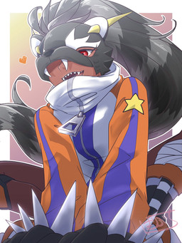 bottomwear clothing dark_body dark_skin female hair heart_symbol paws ponytail raccoon_tail_hair red_eyes shorts smile solo spiked_knuckles haribuchu bandai_namco digimon digimon_beatbreak bearcatmon binturong_humanoid digimon_(species) humanoid 3:4 hi_res