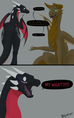 4_fingers 6_horns black_body black_scales butt claws countershading dialogue empty_eyes facial_markings female feral fingers green_eyes head_markings hip_markings horn humor leg_markings long_tail male markings membrane_(anatomy) membranous_wings multi_horn neck_spikes on_haunches quadruped question_mark rear_view red_body red_countershading red_scales scales shocked standing tail talking_feral tan_body tan_countershading tan_scales tapering_tail text thick_tail ventral_scales wing_blade wing_claws wings apollyondragon activision european_mythology mythology spyro_the_dragon the_legend_of_spyro apollyon_(apollyondragon) cynder fan_character dragon mythological_creature mythological_scalie scalie western_dragon 2022 5:8 comic digital_drawing_(artwork) digital_media_(artwork) english_text hi_res milestone_celebration signature