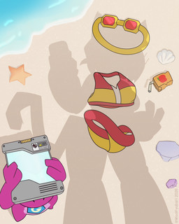 anthro beach beachwear clothing covering covering_eyes covering_face duo female holding_object juice_box male obscured_face offscreen_character sand shadow solo swimming_trunks swimwear tablet water woolfyubari_(artist) gameoverse glitch_productions gobbles_(gameoverse) kit_bodega ambient_sealife ambient_starfish dinosaur domestic_cat felid feline felis mammal prehistoric_species reptile scalie 2026 4:5 dated hi_res