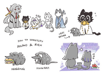 accessory ambiguous_gender black_body black_eyes black_fur black_necktie black_nose bodily_fluids bow_ribbon bowing breath burger chain cloak clothing collar directional_arrow eating eating_food emanata eyewear fangs feral feralized fluffy fluffy_tail food fruit fur glasses grey_hair grey_quills group hair hair_accessory hair_bow hair_ribbon half-closed_eyes half-rim_glasses heterochromia highlights_(coloring) larger_feral leg_markings markings mask melon multicolored_body multicolored_fur narrowed_eyes necktie plant plate projector pupils purple_eyes purple_highlights purple_stripes quills_(anatomy) red_eyes red_necktie ribbons scabbard simple_background size_difference smaller_feral socks_(marking) striped_markings striped_tail stripes sweat sweatdrop tail tail_markings teeth text watermelon watermelon_slice white_background white_body white_cloak white_clothing white_eyes white_fur white_hair white_pupils desertsiu library_of_ruina limbus_company project_moon albina_(limbus_company) araya_(limbus_company) kira_(limbus_company) lucio_(limbus_company) ren_(limbus_company) rien_(limbus_company) roland_(library_of_ruina) ryoshu_(limbus_company) sora_(limbus_company) canid canine canis domestic_cat domestic_dog eulipotyphlan felid feline felis gymnure hedgehog mammal robot_feral 2026 english_text hi_res daughter_(lore) female_(lore) male_(lore) mother_(lore) mother_and_child_(lore) mother_and_daughter_(lore) parent_(lore) parent_and_child_(lore) parent_and_daughter_(lore)