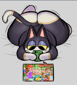 anthro bed big_butt bottom_heavy butt cellphone electronics furniture huge_butt lying male on_bed on_front on_phone overweight overweight_male phone smartphone solo tail thick_thighs watching_video whiskers wide_hips zlut385 animal_crossing cocomelon nintendo punchy_(animal_crossing) domestic_cat felid feline felis mammal colored digital_drawing_(artwork) digital_media_(artwork)