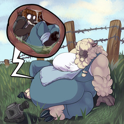 anthro anthro_pred belly big_belly big_breasts bodily_fluids breasts camera clothing duo female female_pred female_prey hair hair_over_eyes huge_belly huge_breasts inside_stomach internal larger_female larger_pred oral_vore organs outside overalls size_difference smaller_female stomach stomach_acid surprised vore zubuzz bovid canid canine canis caprine mammal sheep wolf 1:1 digital_media_(artwork) hi_res