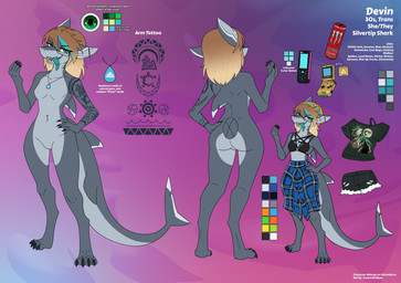 anthro arm_tattoo big_tail black_bottomwear black_clothing black_shirt black_shorts black_t-shirt black_topwear blonde_hair blue_bottomwear blue_clothing blue_highlights blue_skirt blue_tongue bottomwear cellphone clothing digitigrade dorsal_fin ear_piercing electronics eyewear featureless_chest featureless_crotch female fin gills glasses green_eyes grey_body hair hand_on_hip hand_on_own_hip highlights_(coloring) industrial_piercing jewelry long_hair looking_at_viewer navel navel_piercing necklace pattern_bottomwear pattern_clothing pattern_skirt phone piercing plaid plaid_bottomwear plaid_clothing plaid_skirt rectangular_glasses shark_tail shirt shorts skirt solo standing t-shirt tail tattoo text tongue tongue_piercing tongue_stud topwear wearing_glasses somesacredbird game_boy_advance_sp game_boy_family monster_energy nintendo the_legend_of_zelda three_wolf_moon devin_(ochrehorns) aquatic fish shark absurd_res digital_drawing_(artwork) digital_media_(artwork) english_description english_text hi_res model_sheet trans_(lore) trans_woman_(lore)